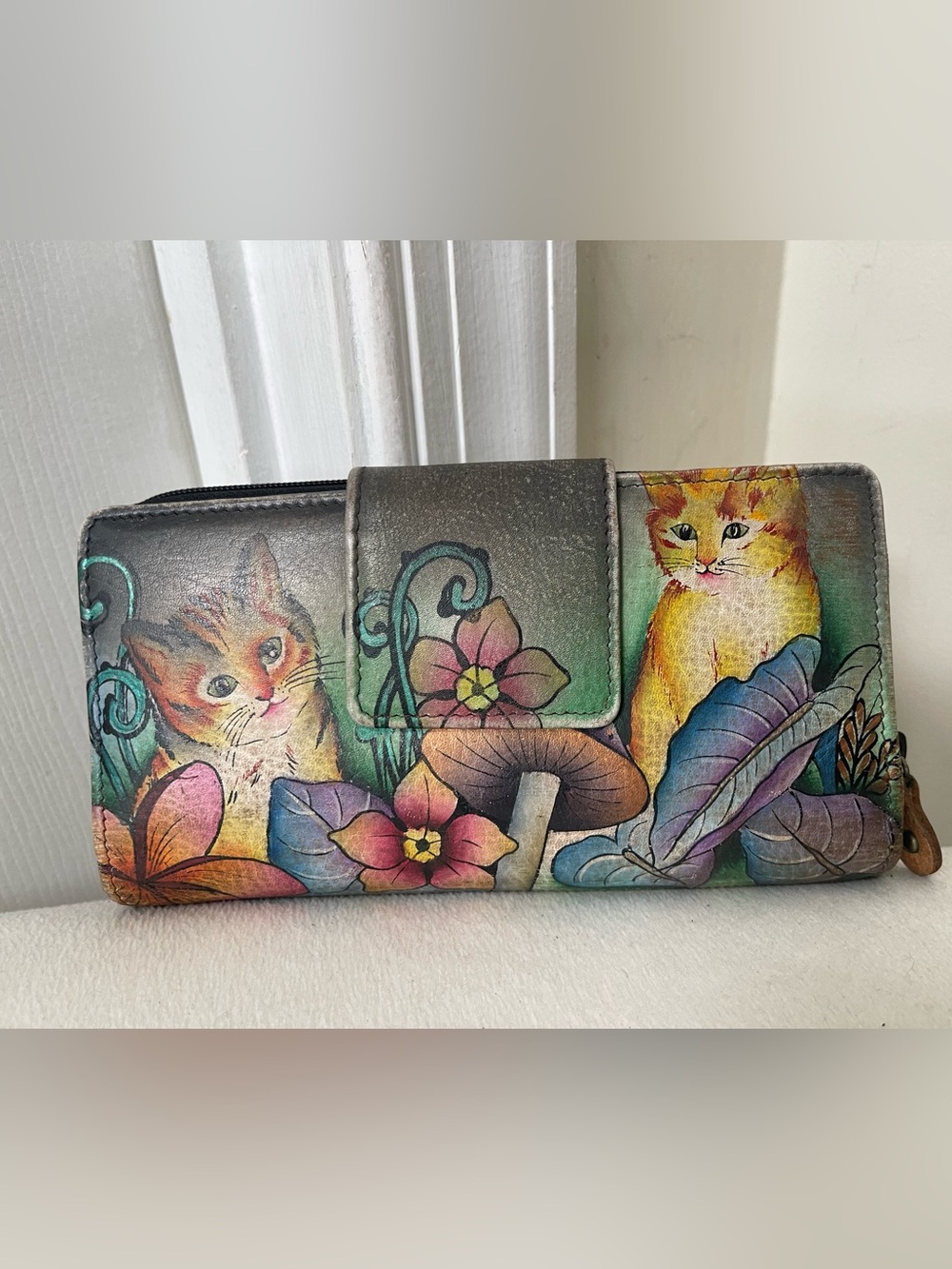 Anuschka Multicolor Hand-Painted Cat & Floral Wallet